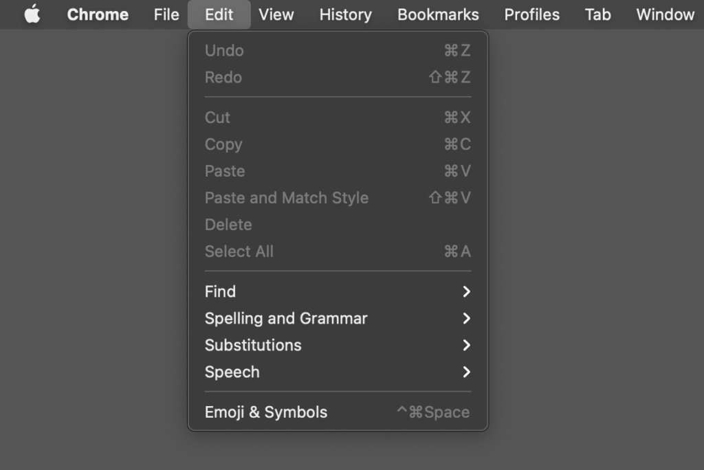 Mac Keyboard Shortcut Symbols - Google Chrome Edit Menu