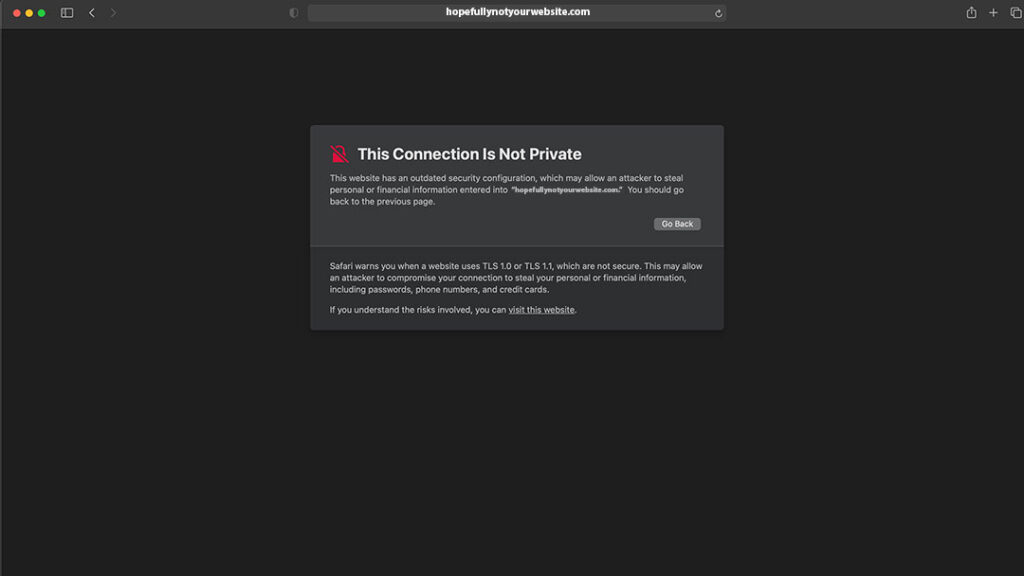 SSL Invalid Screenshot - Safari Browser