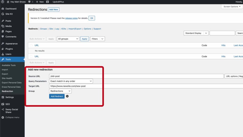 Add 301 Redirect with WordPress Redirection Plugin - Screenshot.